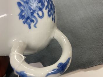 A Chinese blue and white teapot and cover with antiquities, Jiajing mark, Kangxi